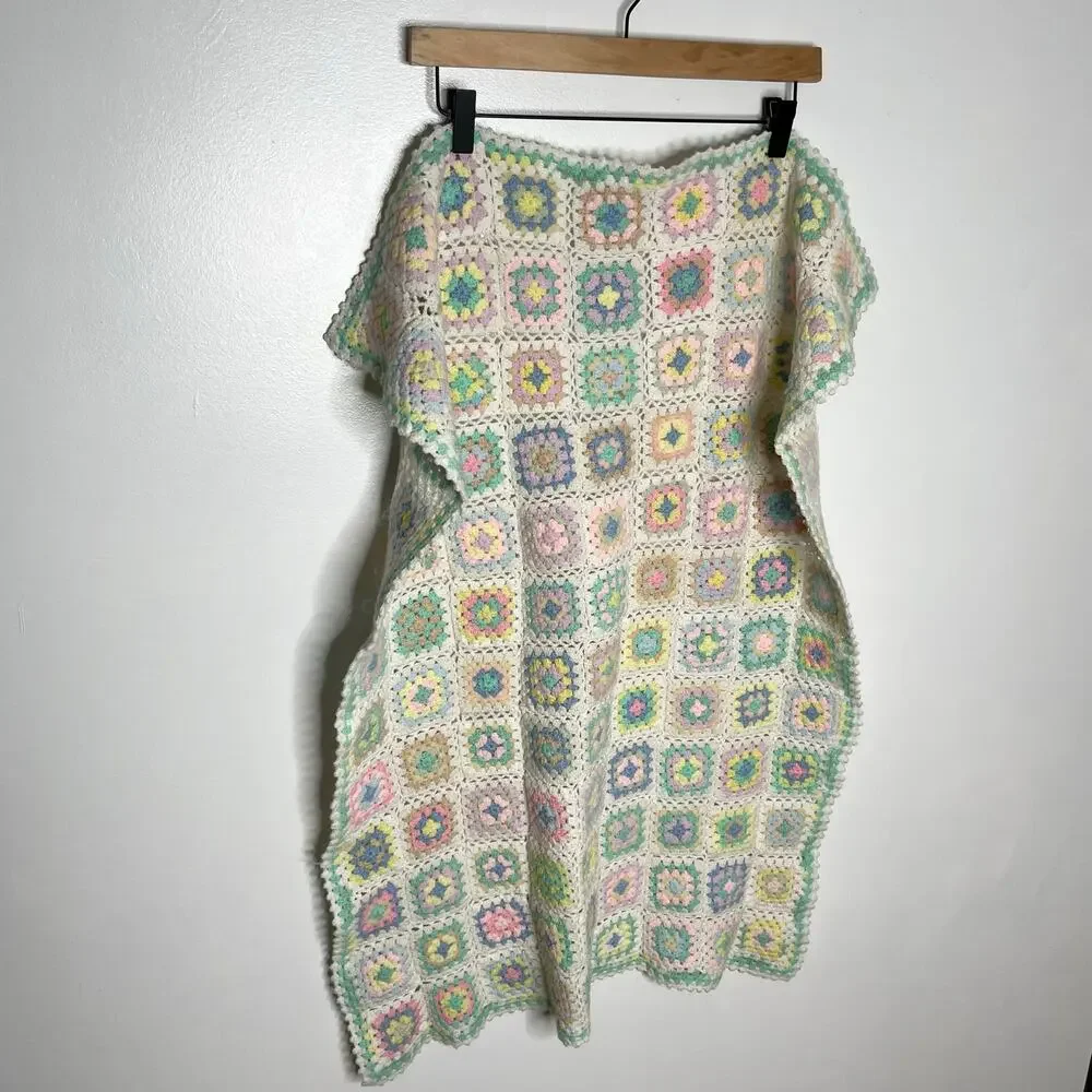 Handmade Crochet Granny Square Baby Blanket Small Ivory Pastel Colorful Knit